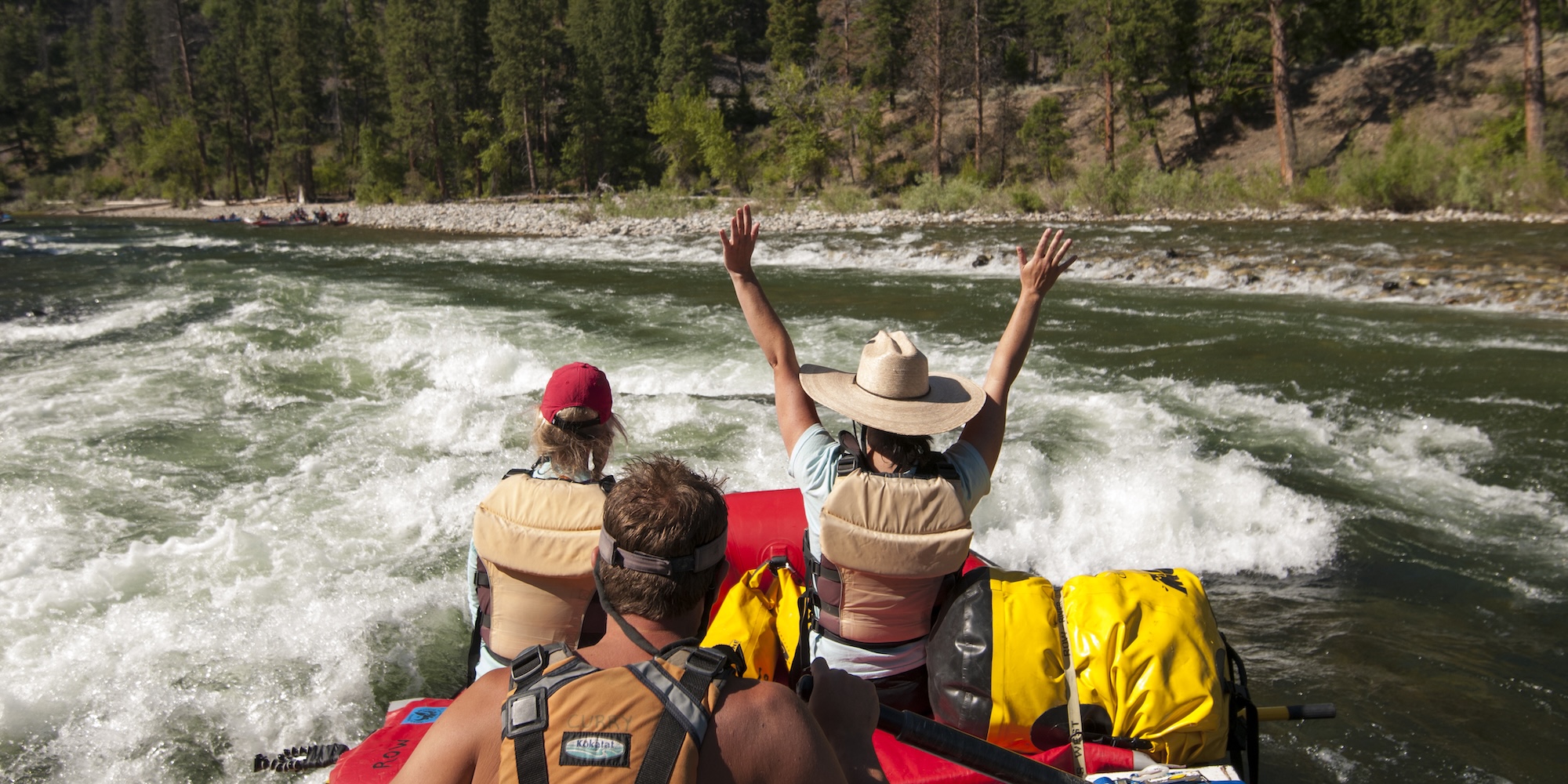 Rafters ride an exhilarating rapid with arms raised in joy, surrounded by pine trees and riverbanks—an energizing moment of pure presence and adventure.
